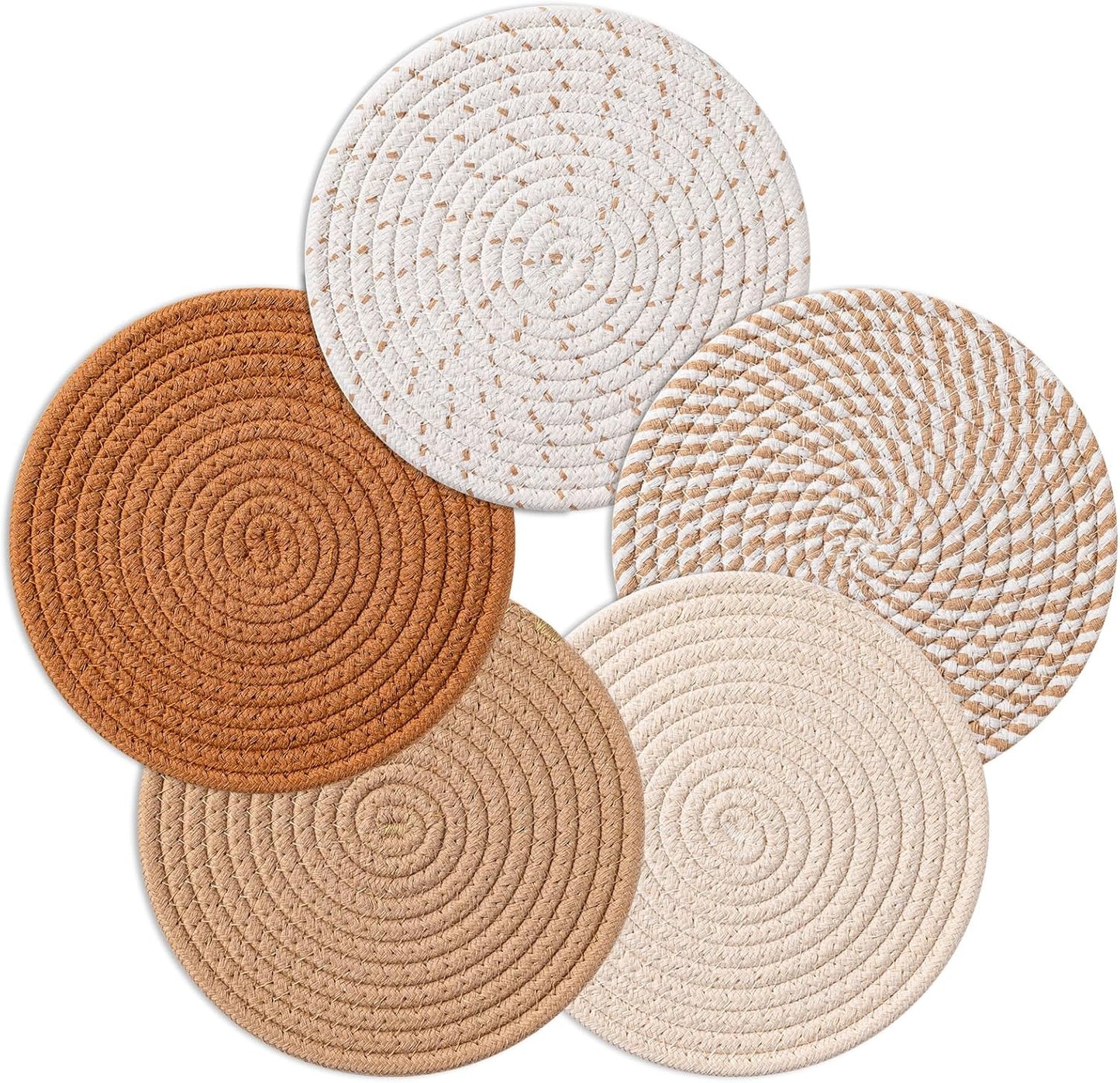7 Inch Trivets for Hot Dishes, Pots and Pans, 5 Heat Resistant Pot Holders for Kitchen, Home Essentials, Hot Pads for Countertop and Table, Farmhouse Decor Vase Mats, Brown