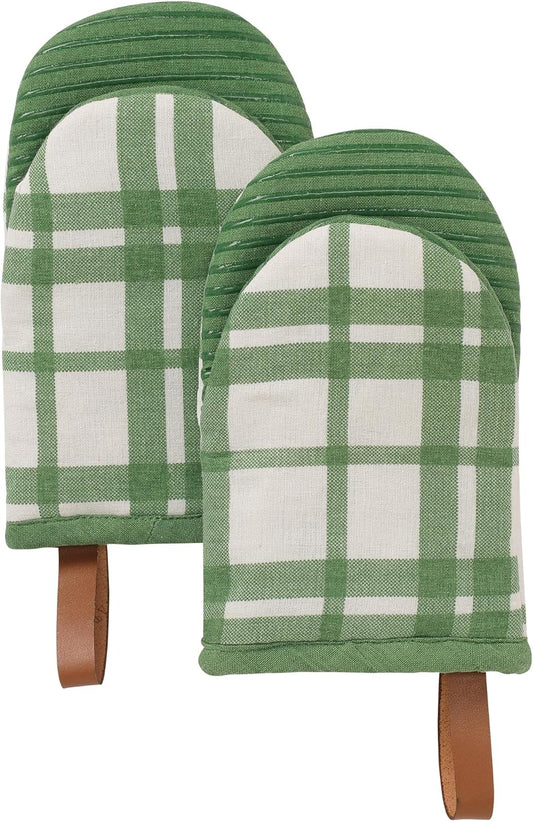 Folkulture Mini Oven Mitts Heat Resistant | (5.75 x9) Set of 2 Short Green Oven Mitts with Hanging Loop | 100% Cotton Oven Gloves or Kitchen Mittens | Small Oven Mitt Set or Green Silicone Oven Mit
