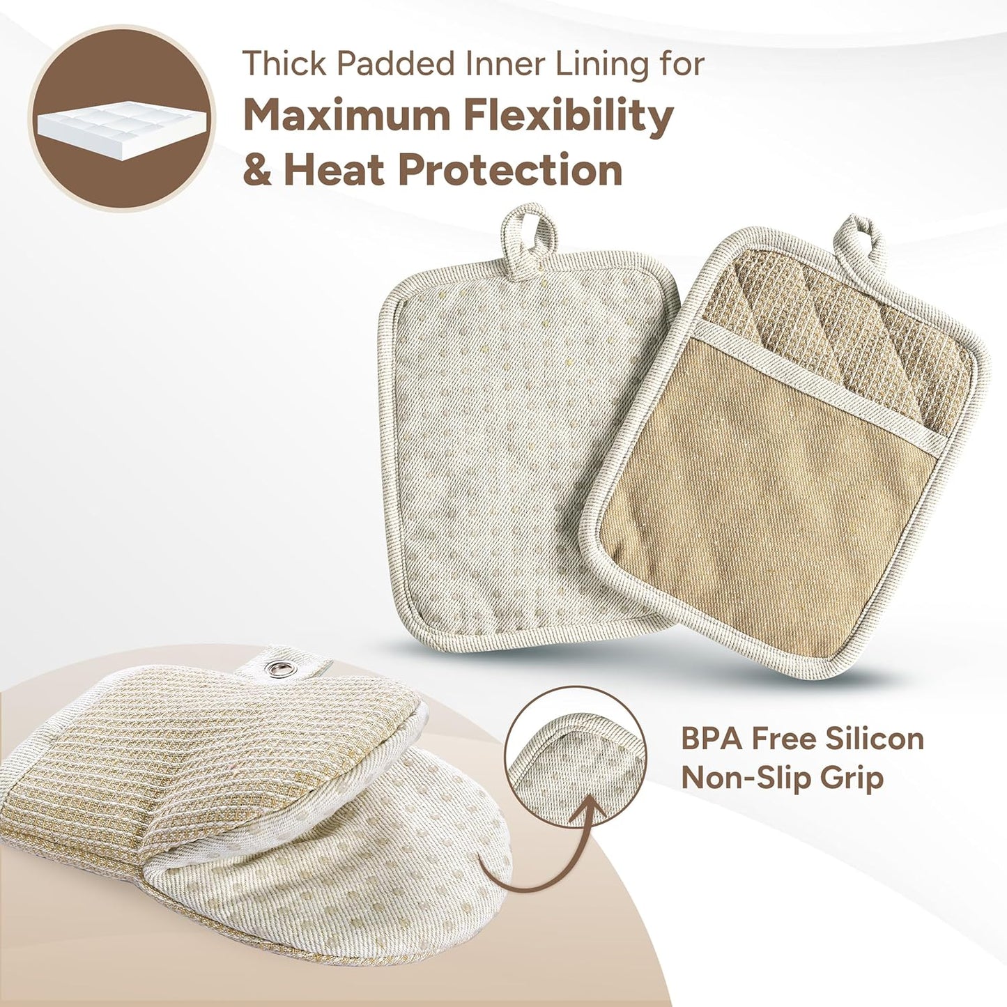 Casa Platino Pot Holders and Oven Mitts, 8-Piece – 500°F Heat Resistant Mini Oven Mitts with Silicone Grip, Potholders for Kitchens, 2 Kitchen Towels & 2 Dish Cloths – Non-Slip & Durable – Beige