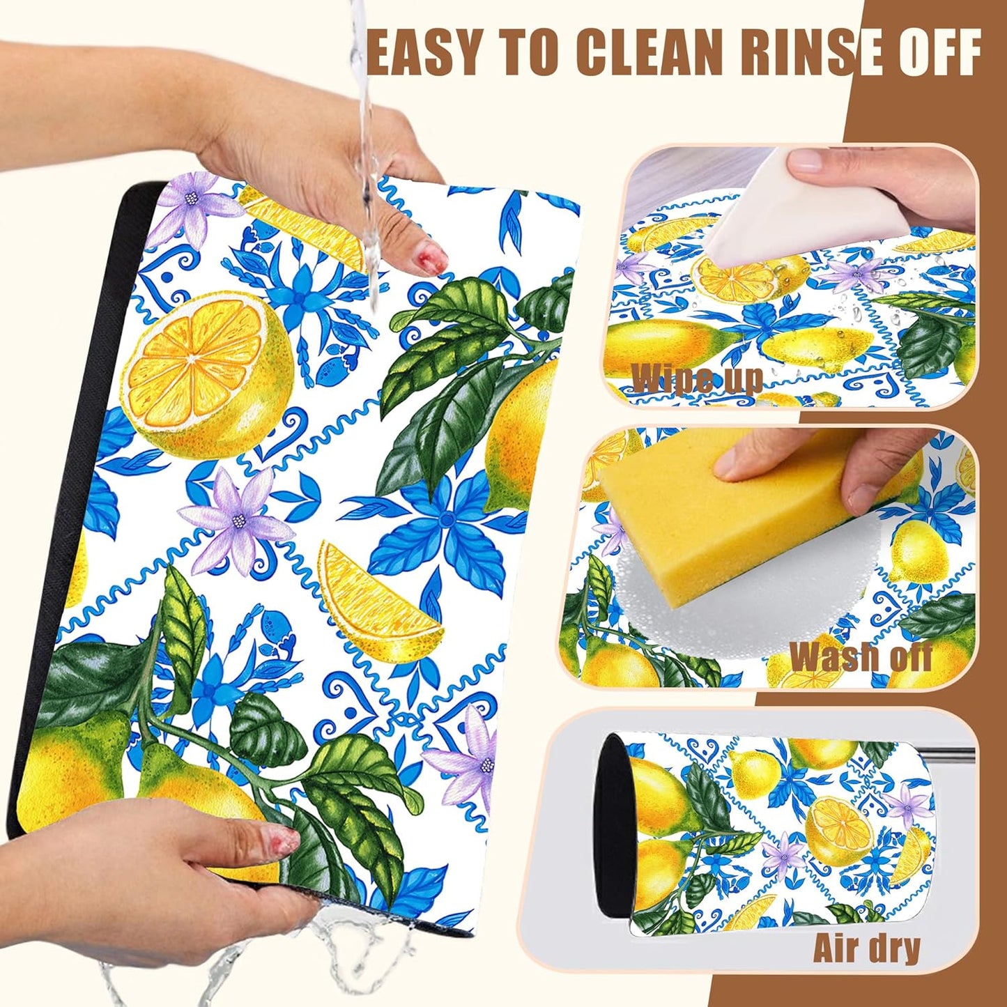 Lemon Fruit and Purple Flower Coffee Mat Absorbent Dish Drying Mat for Kitchen Counter Hide Stain Rubber Backed Coffee Bar Accessories Fit Under Espresso Machine Dish Drainer, 11.8 x 19.7 Inch