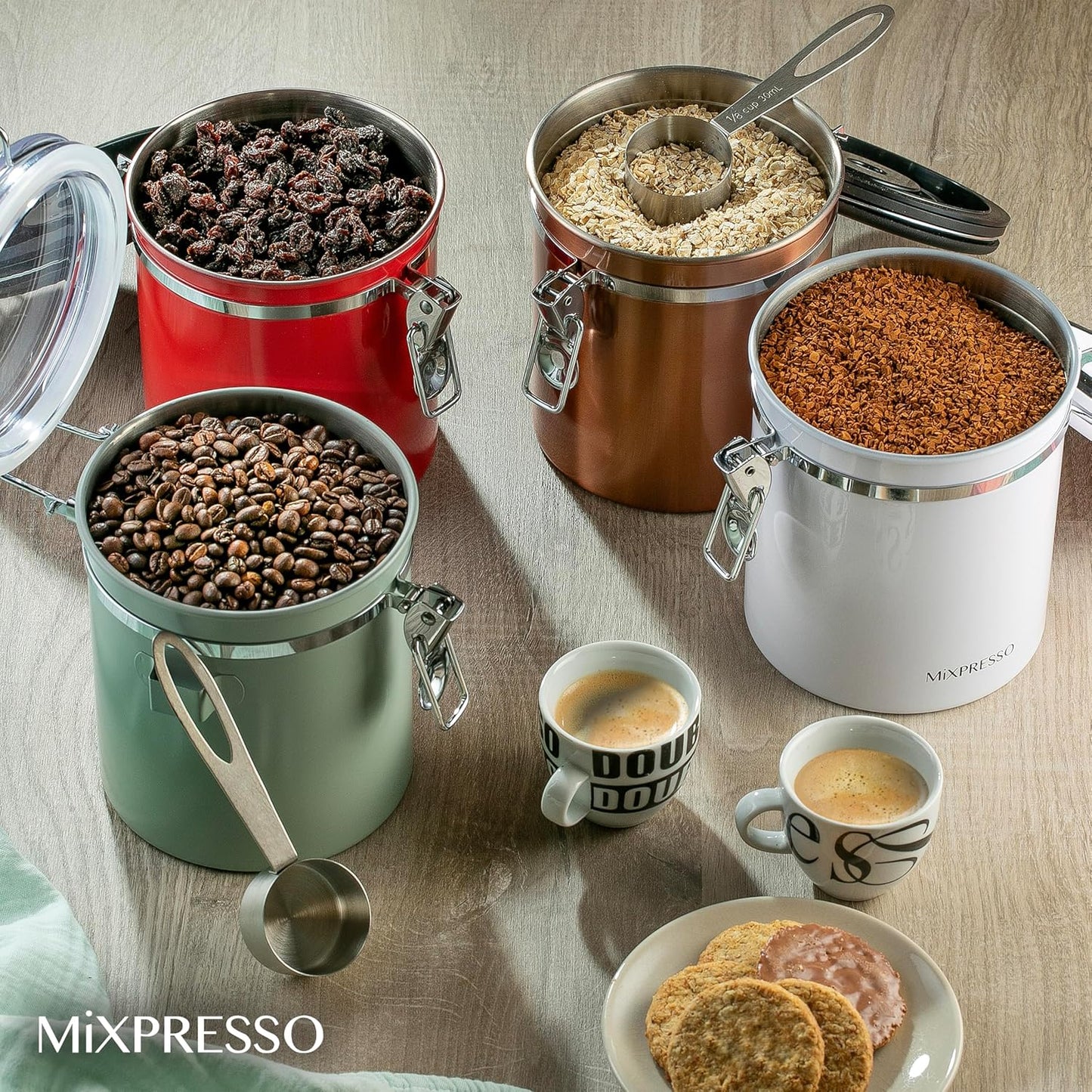 Mixpresso 16 Oz White Coffee Canister, Stainless Steel Airtight Coffee Container, Air tight Jar Tea Storage with Date Tracker, Vacuum Sealed Espresso Airtight Canister, Sugar Container for Home